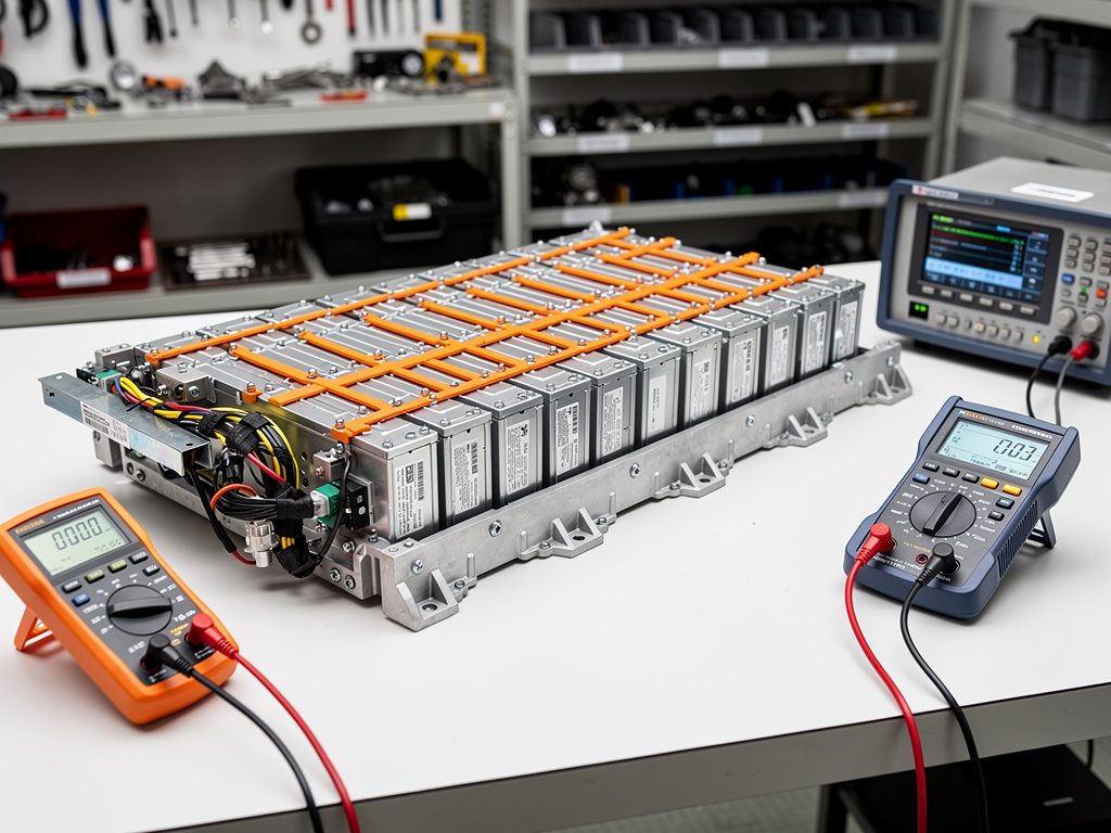 An HV battery pack out of the vehicle on a bench, connected to two multimeters and an oscilloscope for module-level testing.